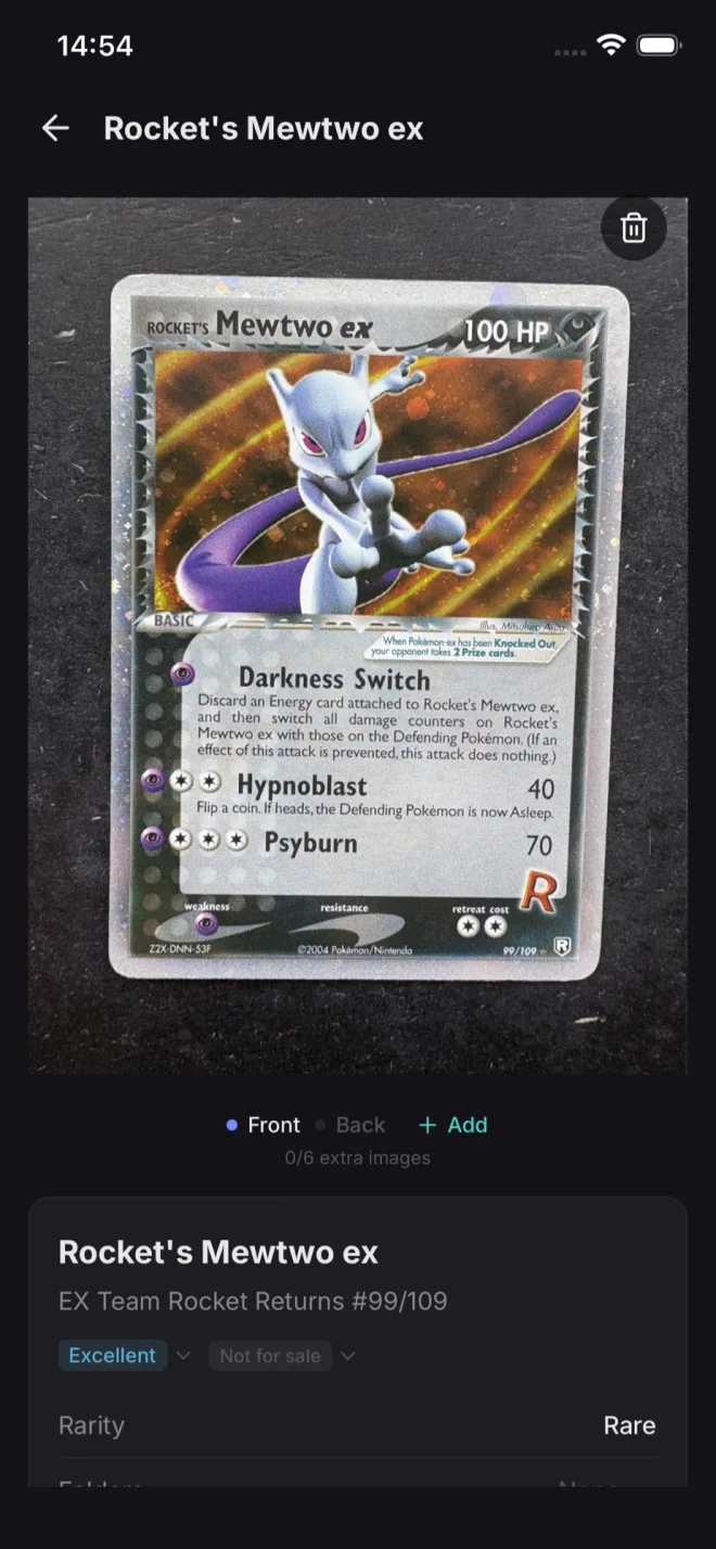 Rocket's Mewtwo ex — front photo stored in the vault